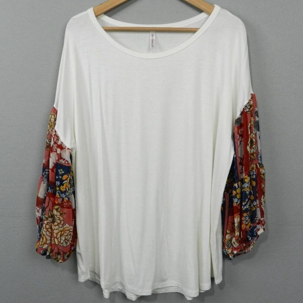 Watermelon Women's 2XL Knit Top Floral Sleeve Pullover Ivory Cream Multicolor